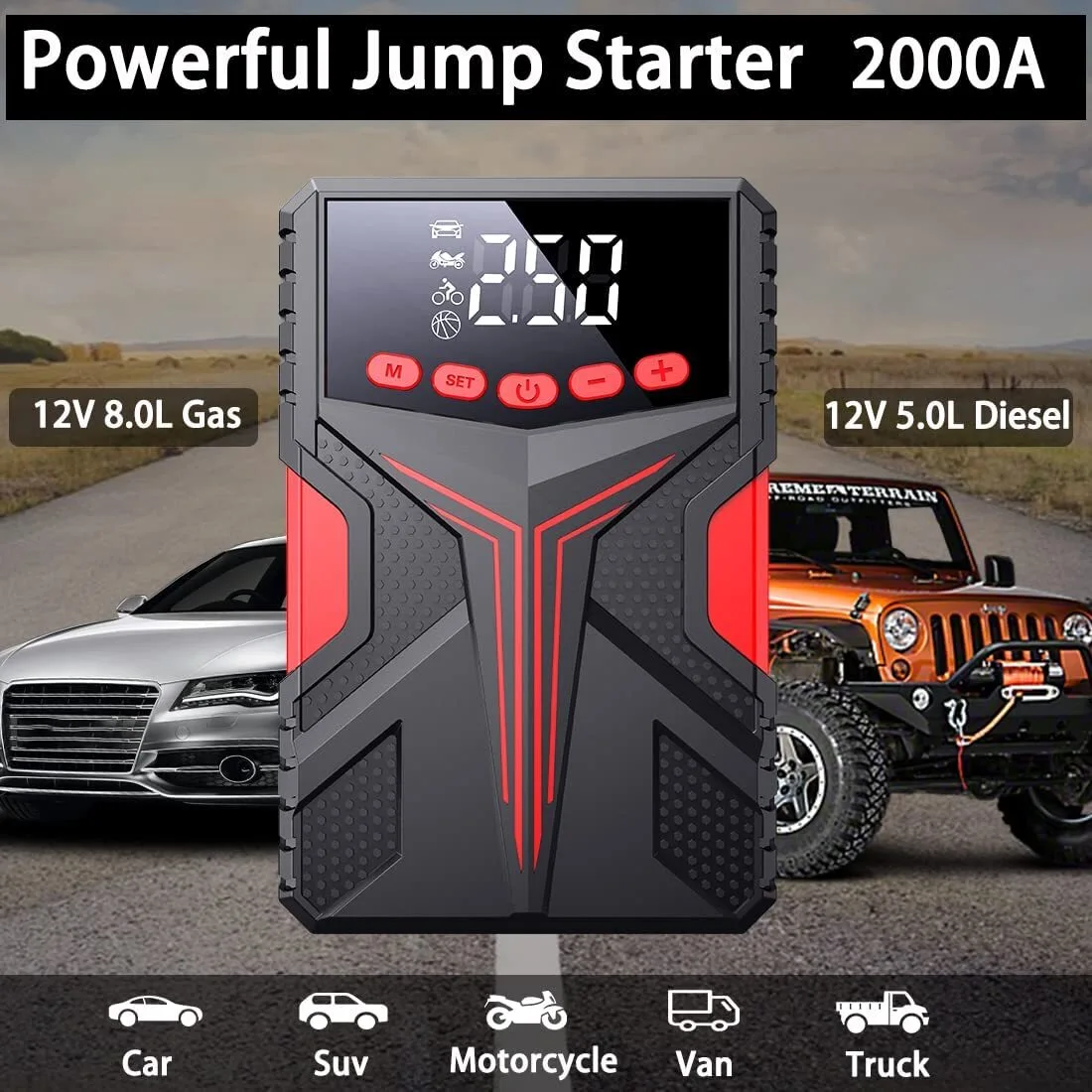 Gehopow A8 Portable 12V Car Jump Starter with Air Compressor 150PSI - 图片 2
